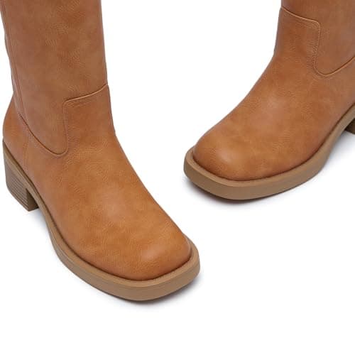 Athlefit Knee High Boots for Women Square Toe Chunky Heel Tall Riding Fall Boots Slip On Fashion Brown Booties - Thumbnail 6