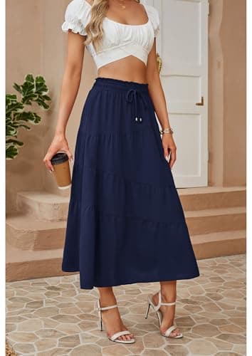 ECOWISH Women Boho Maxi Skirt: Summer Asymmetric Tiered Drawstring Elastic High Waist A-Line Flowy Long Skirts with Pockets 441 Navy Blue XL - Thumbnail 4