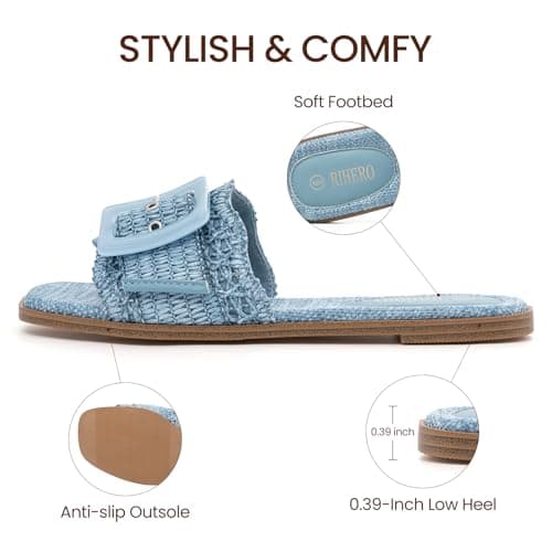 Rihero Womens Flat Sandals Raffia Slip On Beach Slides Square Open Toe Comfortable Summer Buckle Woven Blue Slide Sandals Blue Size 7.5 - Thumbnail 4