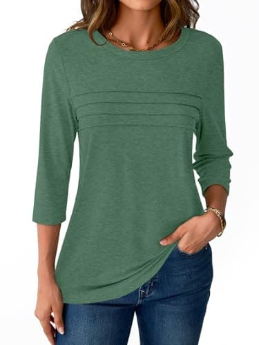 NORACORA 3/4 Sleeve Tops for Women T Shirts Dressy Casual Spring Fall Outfits Pleated Front Shirts Round Neck Casual Tunic Basic Tee Tops Green L - Thumbnail 3