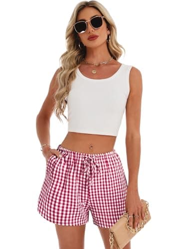 GKBK Boxer Shorts for Women Gingham Pajama 2026 Summer Sets Spring Casual Lounge Sleep Sleepwear Plaid Drawstring Shorts Y2K Beach Bottoms Trendy Clothes Fashion Clothing Red White Plaid XL - Thumbnail 6