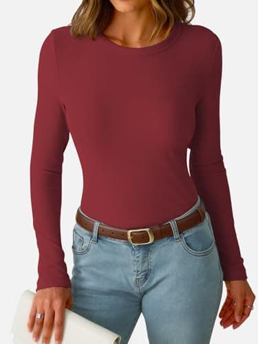 GKBK Ribbed Long Sleeve Tops for Women Fitted Basic Tight T-Shirts Crewneck Cute Layering Tops Lightweight Fall Sweaters 2026 Fashion Outfits Winter Clothes Burgundy - Thumbnail 3