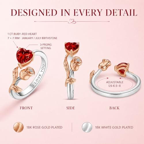1CT Rose Heart Adjustable Ring 6.5~8 Ruby Ring White Gold Plated Ruby VVS1 D Clarity 18K Rose Gold Gift for Wife Mother Daughter Birthday Wedding Engagement Christmas Anniversary Mothers Day Gift for Mom Bride - Thumbnail 6