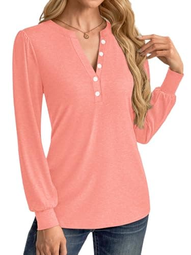 GKBK Women's Puff Long Sleeve Tunic V Neck Button Blouses Fall Tops Trendy Dressy Casual Business Henley Shirts Coral XL - Thumbnail 3