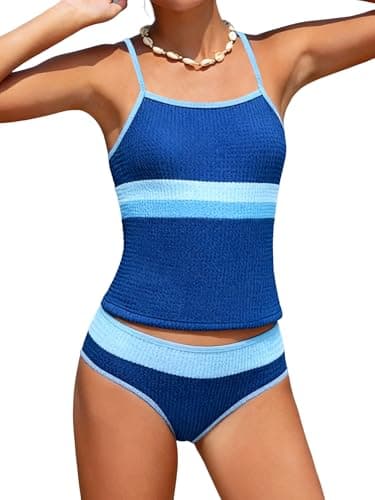 AMAWMW Girls Swimsuit Color Block Spaghetti Strap Tankini Set 2 Piece Bathing Suit Swimwear for Girls 7-16Y, Blue, 7-8Y - Image 1