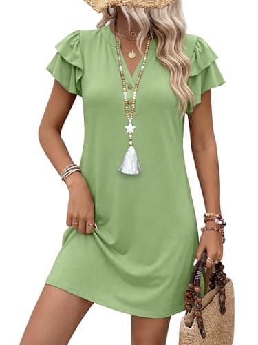 ANRABESS Womens Summer Dress Casual Ruffle Short Sleeve V Neck Button Down Shift Mini Dresses 2026 Beach Vacation Clothes Small Green - Image 1