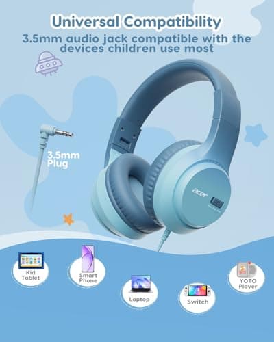 Acer Kids Headphones, 74/85/94dB Volume Limiter, Foldable Wired Over Ear Headphones for Travel, 3.5mm Jack, Toddler Headphones for School, iPad, Chromebook, Tablet, Green - Thumbnail 6