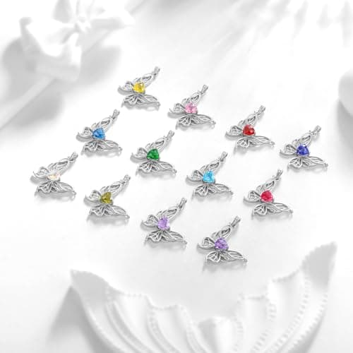 Filigree Butterfly Birthstone Pendant Necklace - 925 Sterling Silver Firework-Cut Heart Cubic Zirconia Twine Butterfly Necklace Anniversary Birthday Jewelry Gift for Women Wife Mom Daughter (07-July) - Thumbnail 6