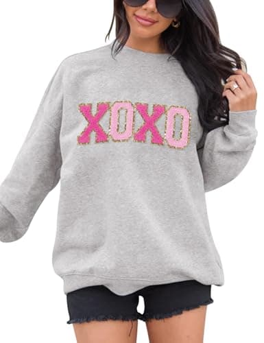 LETSEE Womens Valentine Sweatshirt Glitter Patch Valentine Letter Pullover Tops Chenille Patch Oversized Clothes(Grey, XX-Large) - Image 1
