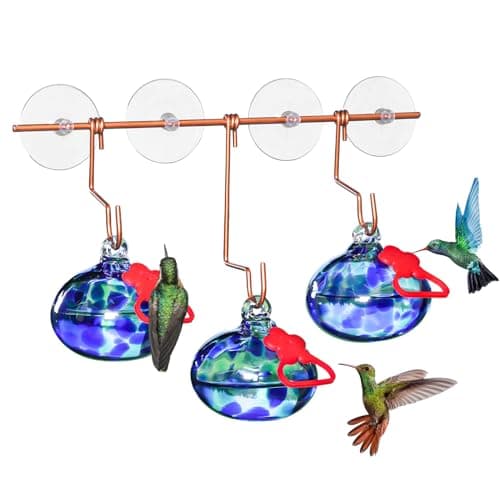 Pozfun Window Hummingbird Feeder with Suction Cups,Hand-Blown Glass Hummingbird Feeders for Outdoors Window Mounted with Metal Hook,Close Bird Watching,Finch in Garden,Yard(Dotted Blue) - Image 1
