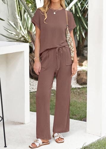 KIRUNDO 2 Piece Sets for Women Dressy Casual Ribbed Knit Short Sleeve Tops Wide Leg Pants Lounge Set Travel Airport Outfits(Brown, Large) - Thumbnail 3