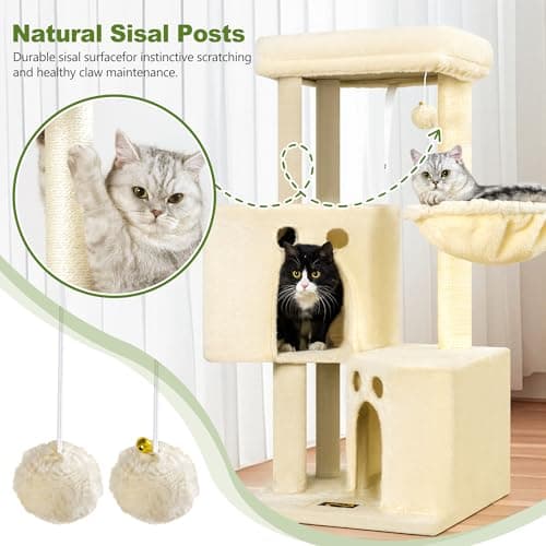 Small Cat Tree Tower for Indoor Cats, 40 in Compact Adults Cat Beds Trees with 2 Condos, Sisal Scratching Post, Large Perch Platform, Multi-Level Kitty Kitten Climbing Stands House(Beige) - Thumbnail 4