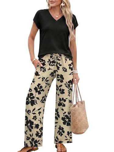 Casly Lamiit Lounge Sets for Women Pajama Sets 2 Piece Summer Short Sleeve Outfits Wide Leg Pants Sets Dressy Work Office Airport Resort Loungewear Floral Beige 2XL - Image 1