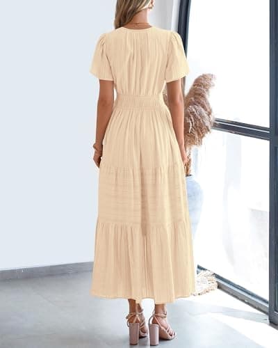 BTFBM Womens Summer 2026 Casual Midi Maxi Dresses Lightweight Short Sleeve V Neck Elastic Waist Boho Beach Dress Pockets(Apricot, Small) - Thumbnail 3