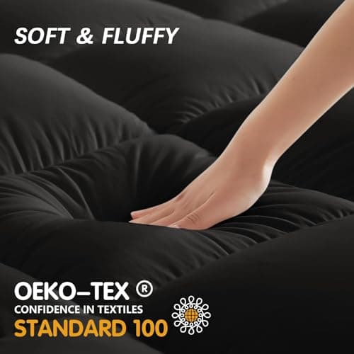 CYMULA Short Queen Mattress Topper, Cooling Bed Mattress Topper, Thick Mattress Pad Cover Pillow Top Mattress Topper, Black Plush Down Alternative Fill - Thumbnail 4