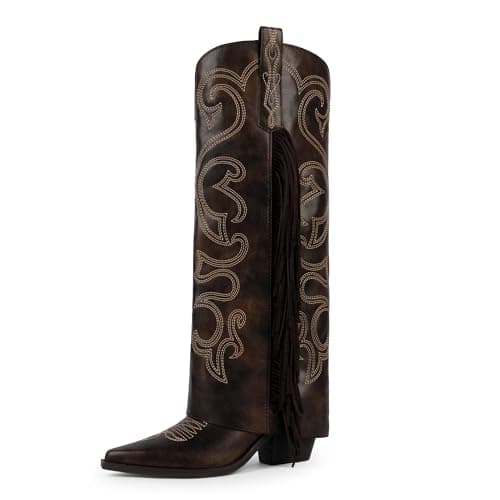 QIY Cowgirl Boots Women Retro Brown Fringe Knee High Boots for Women Cowboy Fold Over Chunky Heel Pointy Toe Cow Boy Wide Calf Boot with Tassels Embroidery Long Western Shark Boot Size 8.5 - Image 1