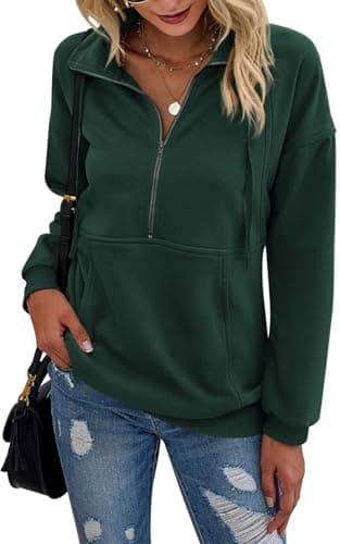 PRETTYGARDEN Women's Casual Long Sleeve Lapel Zipper Sweatshirt Drawstring Loose Pullover Tops (Dark Green, Medium) - Image 1