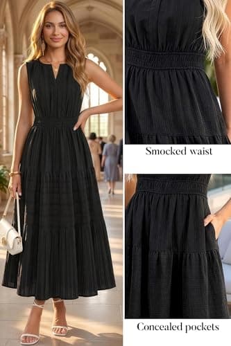 Autumn Flowerwall Women's Summer Maxi Dress Sleeveless Premium Lyocell Breathable Smocked Elastic Waist Tiered Flowy Long Dress with Pockets Beach Vacation Wedding Guest Garden Party Black XL - Thumbnail 4