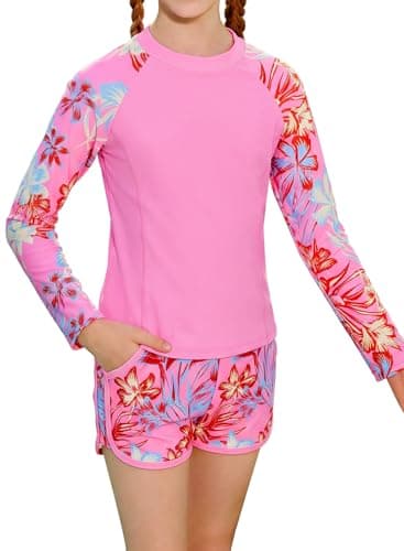 Alakuoti Girls Rash Guard Swimsuit Two Piece Bathing Suit UPF 50+ Sun Protection Long Sleeve Swimwear Size 8 Pink Flower