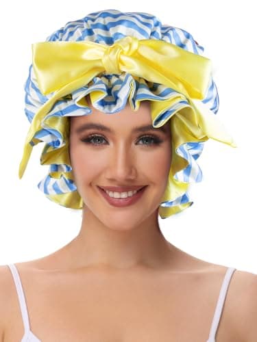 Vettres Silk Bonnet, Satin Hair Shower Cap for Sleeping Women 2026 Tie Band Adjustable Straps Head Wrap for Curly Hair Blue Stripe F - Thumbnail 2