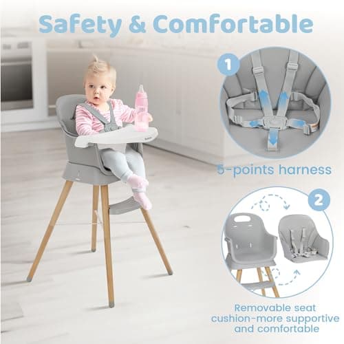 Ezebaby 6 in 1 Wooden High Chairs for Babies and Toddlers, Convertible Portable High Chair, Booster Seat for Dining Table,Toddlers Chair with Adjustable Legs & Dishwasher Safe Tray - Thumbnail 2