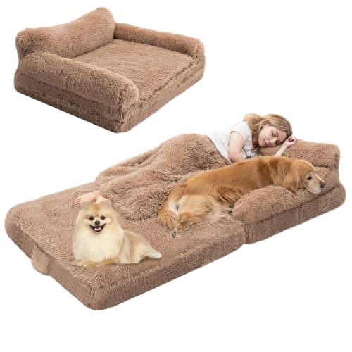 OtterOasis Foldable Human Dog Bed for Adults, Fluffy Human Sized with Blanket, Orthopedic Washable Dog Bed with Memory Foam and Water Repellent Liner for Pet (Brown, 79 * 44 * 12 inch) - Image 1