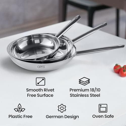 GIPFEL INTERNATIONAL 3 Piece Stainless Steel Frying Pan Set 8, 10, 12 Inch - Tri Ply Stainless Steel Skillet Healthy Cookware - Fry Pans for Induction Gas Electric Ceramic Stove & Oven Safe - Thumbnail 4