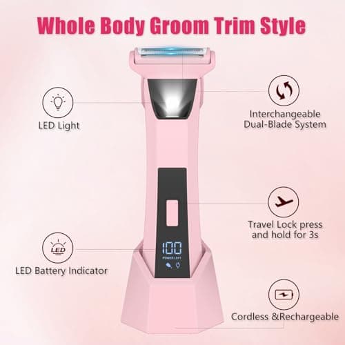 2-in-1 Bikini Trimmer for Women - Electric Razor & Pubic Hair Shaver with LED Light & Display, IPX7 Waterproof, USB-C Fast Charge, Travel Lock, Ceramic Blades for Body/Underarm/Leg, Painless Grooming - Thumbnail 3