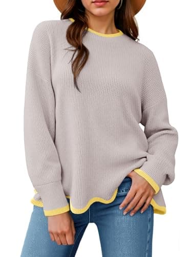 Saodimallsu Womens Contrast Color Pullover Sweaters Crewneck Knit Tops with Wave Hem Long Sleeve Sweater Fall 2025 - Image 1