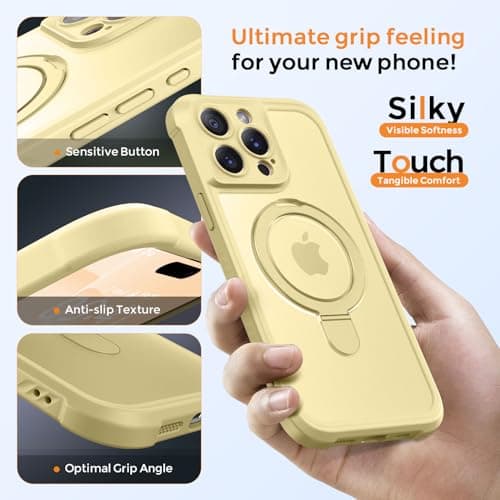 MOCCA Design for iPhone 15 Pro Case with Magnetic Invisible Stand [Full Camera Protection] [Compatible with Magsafe] Military Drop Shockproof Translucent Matte Phone Case Cover 6.1",Creamy Yellow - Thumbnail 6