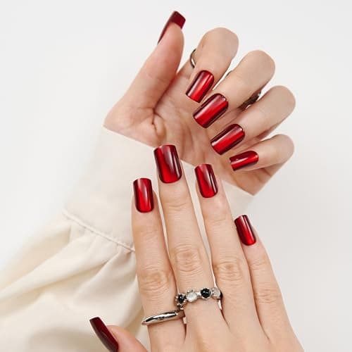 Burgundy Press On Nails Square - Cat Eye Fake Gel Nails, Glossy Sparkle Long-Lasting Chip-Free for Date Night or Fall Nails, 24 Pcs in 12 Sizes with Glue, Adhesive Tabs, File, Prep Pad, Manicure Stick - Thumbnail 3