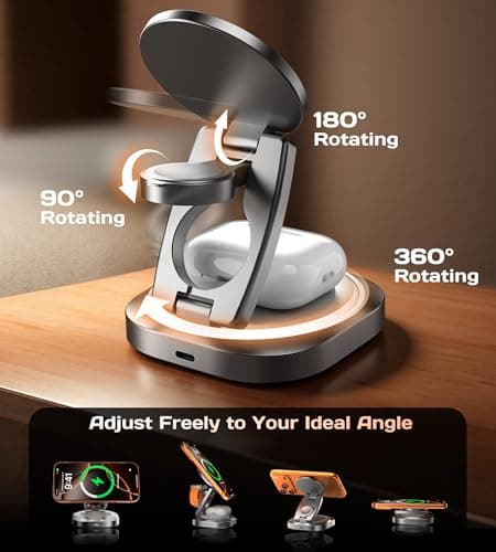 Qi2.2 25W 3-in-1 Wireless Charger for iPhone 17/16 Series, Foldable Wireless Charging Station Compatible with MagSafe, 360° Swivel Zinc Alloy Base for Apple Watch & AirPods (45W Adapter Included) - Thumbnail 5