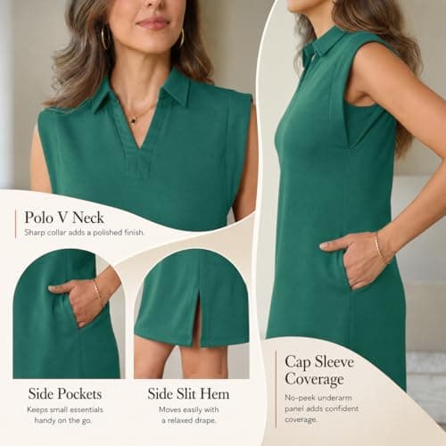BEXIBOOM Womens Summer Dresses Casual Dress for Women 2026, V Neck Collared T Shirt Dress with Pockets, Loose Fit Knee Length Spring Dress Dark Green-M - Thumbnail 5