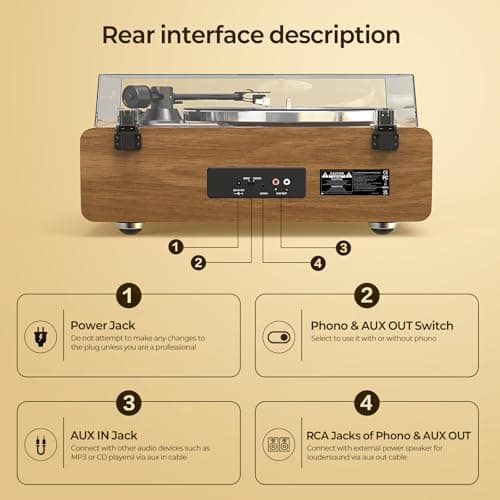 Record Player with Speakers, Turntables for Vinyl Records with AT-3600L Cartridge, Belt Drive 2-Speed (33/45 RPM), All in One Vinyl Player for Music Lovers (Walnut) - Thumbnail 6