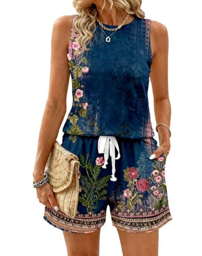 Caribbean Vacation Outfits for Women 2 Piece Retro Floral Tank Top and Shorts Set Summer Tropical Beach Outfits - Image 1