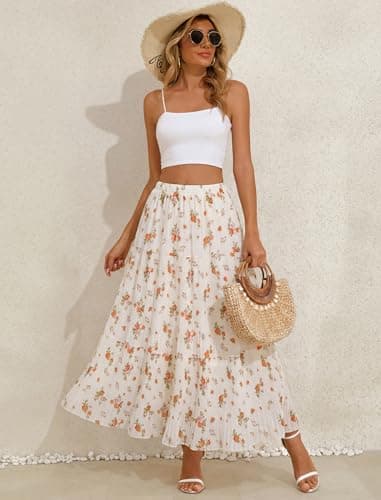 Arolina High Waisted Maxi Skirts Women Summer Elastic Flowy Long Skirt Boho Tiered A-Line Pleated Casual Print Cottagecore White Floral - Thumbnail 5
