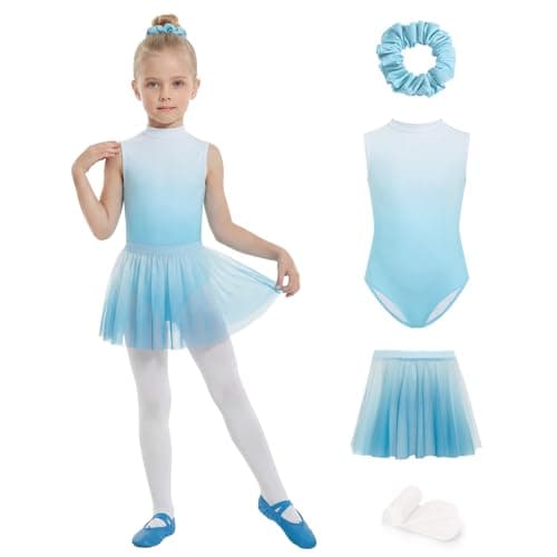 JiAmy Girls Ballet Leotards 4 Pcs with Removable Skirt Gradient Color Dance Dress Outfit Combo Tights Scrunchy 11-12Y,Blue - Image 1