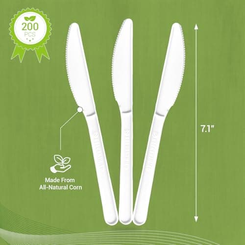 Degralight 100% Compostable Knives - 200Pcs CPLA Knives, Durable and Heat Resistant CPLA Disposable Cutlery, No Plastic Disposable Silverware for Party, Wedding, Office & Daily - Thumbnail 3