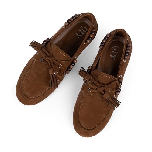 QIY Brown Suede Flats Loafers for Women Fringe Beaded Moccasins Dressy Lace up Driving Loafers Comfortable Lightweight Office Casual Wear Flats Size 10 - Thumbnail 5