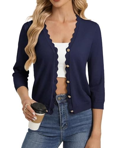 GRACE KARIN Women Cropped 3/4 Sleeve V Neck Cardigan Sweater Open Front Lightweight Dressy Casual Shrugs for Dress Navy Blue - Image 1