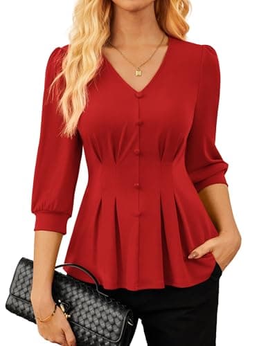 GRACE KARIN Women Business Casual Tops, 2026 Summer Trendy Dressy Blouses, 3/4 Sleeve V Neck Work Shirts Red Large - Image 1
