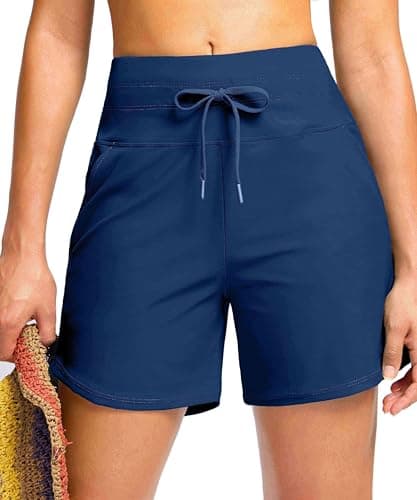Viodia Women's 5" High Waisted Swim Board Shorts Quick Dry Beach Shorts with Pockets UPF 50+ Swimsuit Bottoms with Liner Ocean Blue L - Image 1
