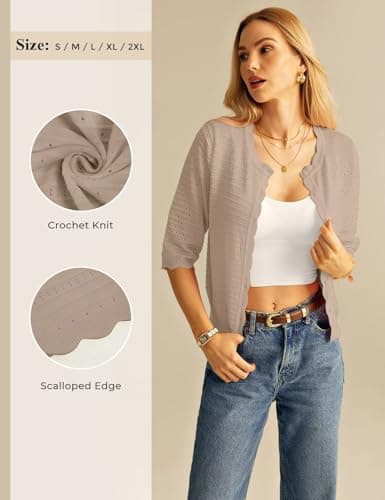 GRACE KARIN Womens Short Sleeve Cardigan Sweater, Lightweight Summer Cardigan Trendy, Crochet Knit Boho Bolero Shrugs Khaki - Thumbnail 5