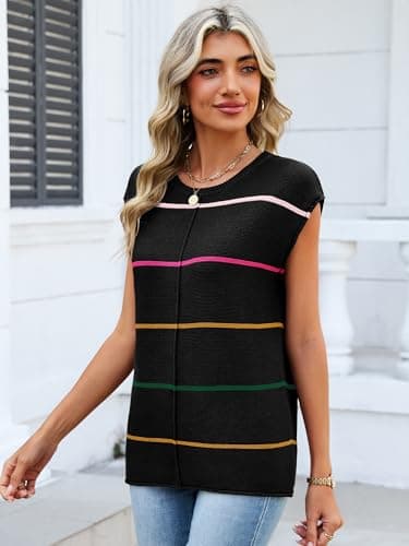 Bellcoco Womens Cap Sleeve Summer Tops Striped Sweater Vest Lightweight Casual Crewneck Loose Knit Pullover Tank Top Beach Vacation Outfits Black S - Thumbnail 3