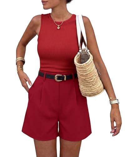 BTFBM 2 Piece Sets for Women Summer 2026 Sleeveless Matching Short Sets Tank Crew Neck Airport Travel Outfits Pockets(Red, Small) - Image 1