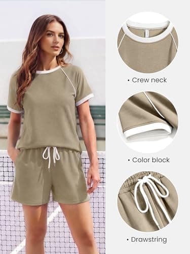 Casly Lamiit Short Sets Women 2 Piece Outfits 2026 Summer Matching Athletic Clothing Sets Cute Color Block Sweatsuit Camel 2XL - Thumbnail 2