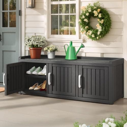 WTFGO Outdoor Shoe Bench, Weatherproof UV Protected Resin Entryway Shoe Storage Cabinet with 3 Doors, Multipurpose Shoe Organizer Seat for Porch Patio Hallway Indoor Bedroom, Matte Black - Thumbnail 6