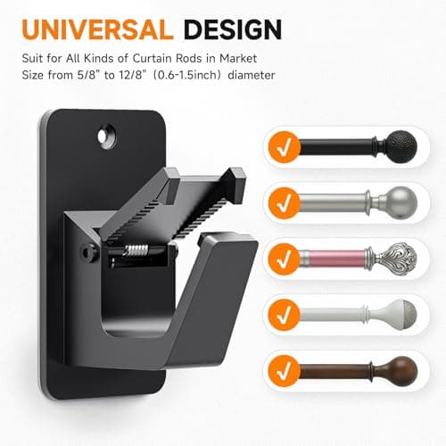 Universal Curtain Rod Holders, No Drill Curtain Rod Brackets, Self Adhesive Curtain Rod Brackets Up to 30 LB, Nail Free Curtain Rod Hooks for Bathroom, Bedroom, Livingroom, Kitchen (2PC, Black) - Thumbnail 2