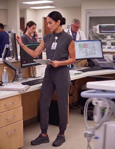 VECARDI Women's Scrub Jogger Pants High Waisted Stretch Nurse Work Bottoms 5 Pockets Elastic Waist Slim Fit Grey - Thumbnail 2