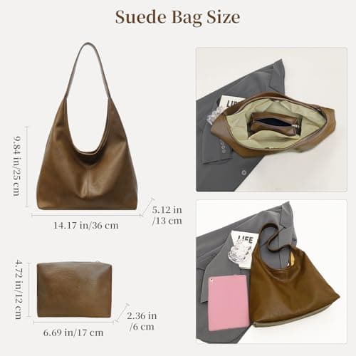 JueiXeoy Leather Hobo Bags for Women Slouchy Tote Bag Retro PU Leather Purse Soft Shoulder Handbags Large Work Tote Bag 2pcs Khaki - Thumbnail 4